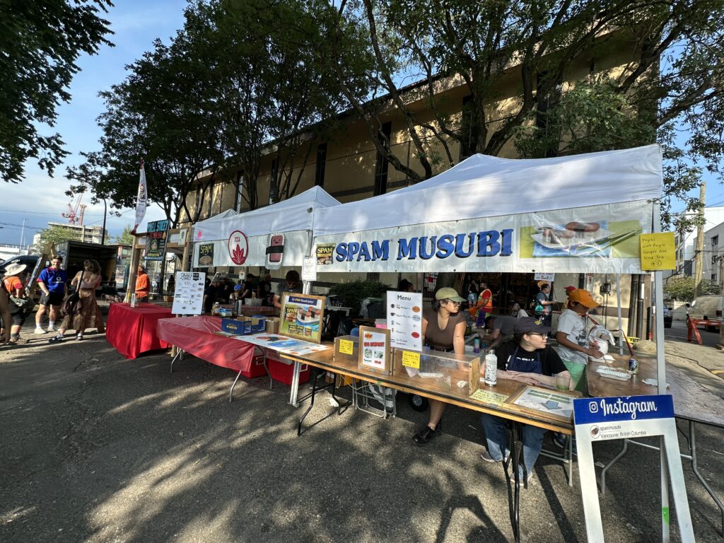Spam Musabi booth ran by the Greater Vancouver Japanese Canadian Citizen Association (GVJCCA) as a fundraiser during the 2026 Powell Street Festival in Vancouver, BC.